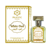 White Oud perfume bottle by Majestic Perfumes India, 20ML, with a sleek white design and elegant packaging.