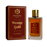 Majestic Perfumes India Prestige Gold 100ml perfume bottle with elegant gold accents and clear glass display.