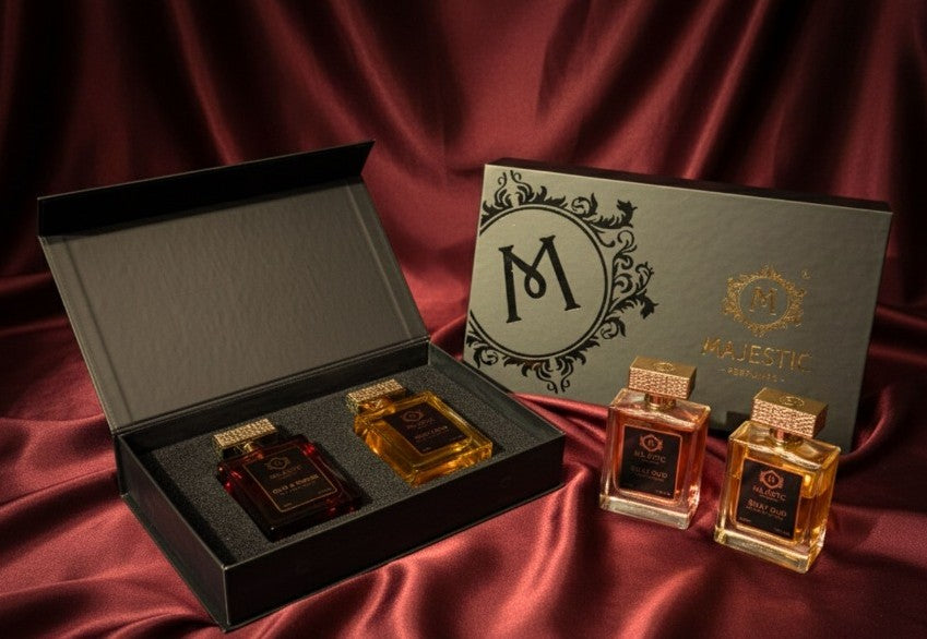 Majestic Perfumes India Oud Gift Set featuring elegant bottles and packaging, perfect for gifting.