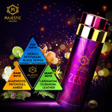 Zest 200ml bottle of Majestic Perfumes India, featuring a sleek design and vibrant label, on a clean background.