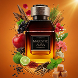 Elegant bottle of Majestic Aura Eau de Parfum by Majestic Perfumes India, featuring a sleek design and sophisticated branding.