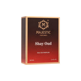 Majestic Perfumes India Shay Oud 100ml perfume bottle with elegant design and gold accents on a white background.