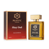 Majestic Perfumes India Shay Oud 100ml perfume bottle with elegant design and intricate detailing.
