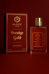 Majestic Perfumes India Prestige Gold 100ml perfume bottle with gold accents and elegant packaging.